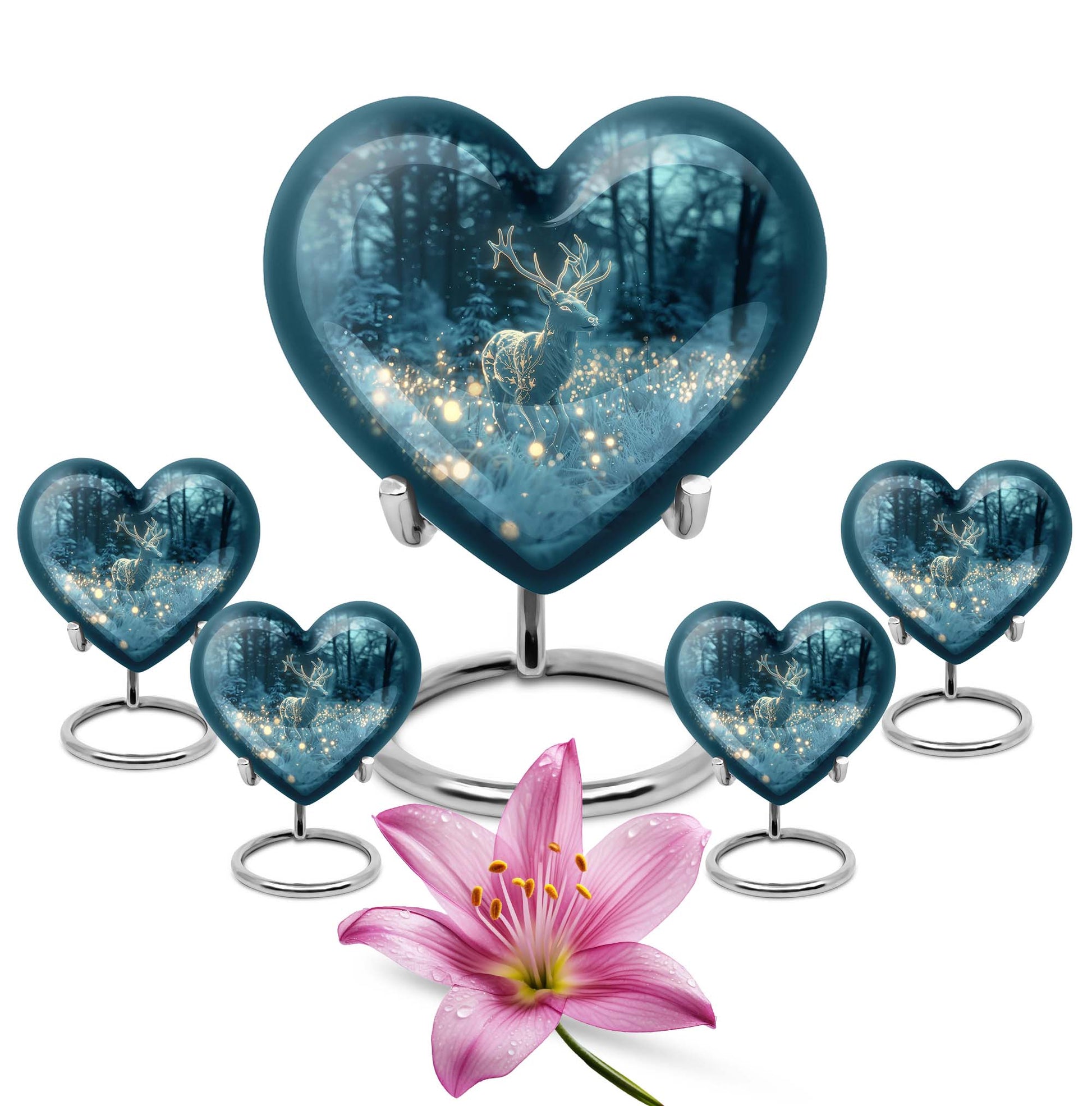 Large, heart-shaped, deer-themed cremation urn with gramophone design