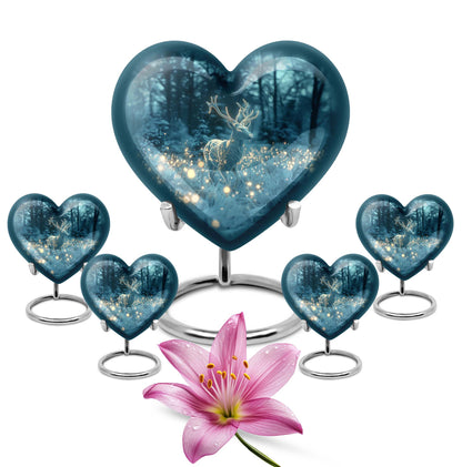 Large, heart-shaped, deer-themed cremation urn with gramophone design
