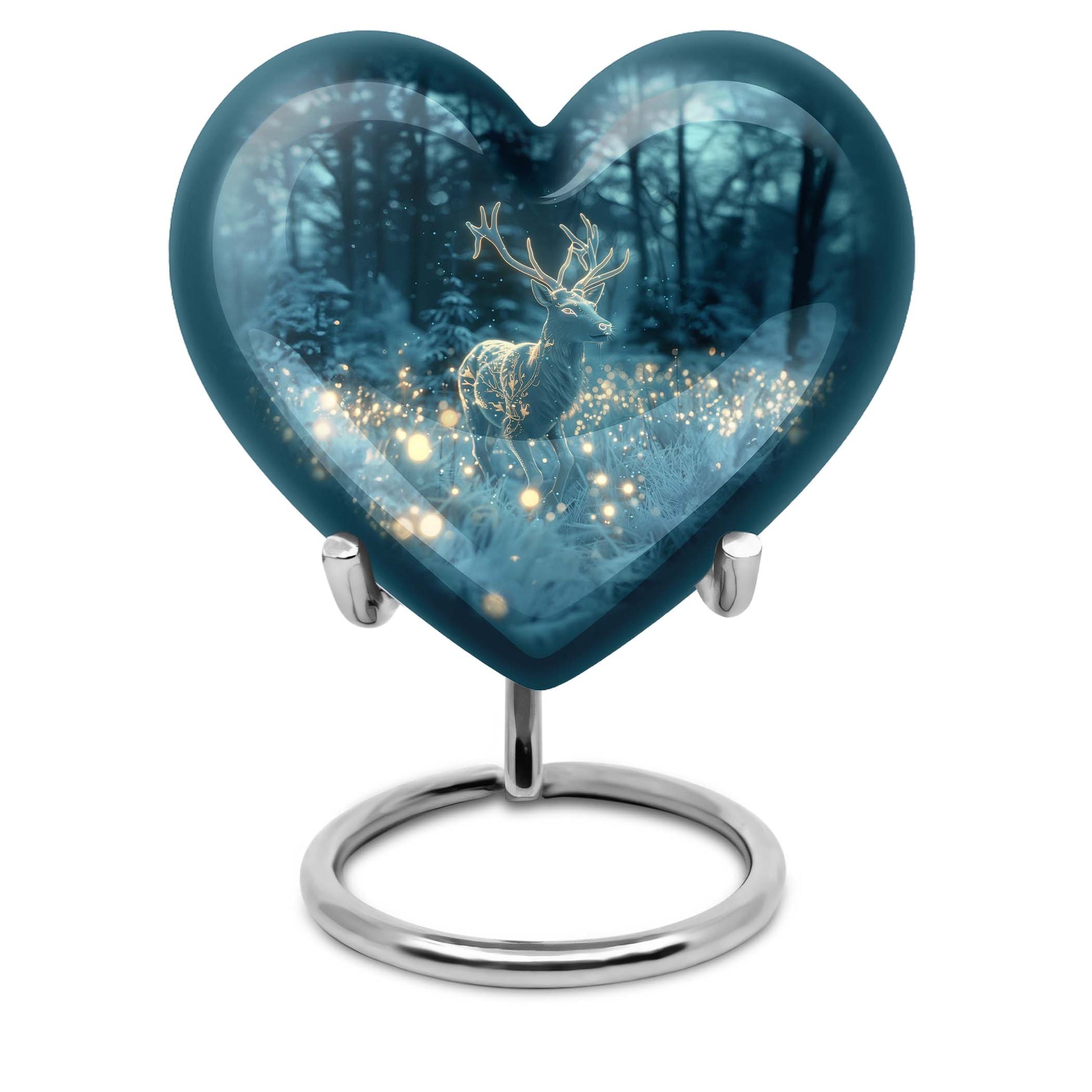 Large, heart-shaped, deer-themed cremation urn with gramophone design