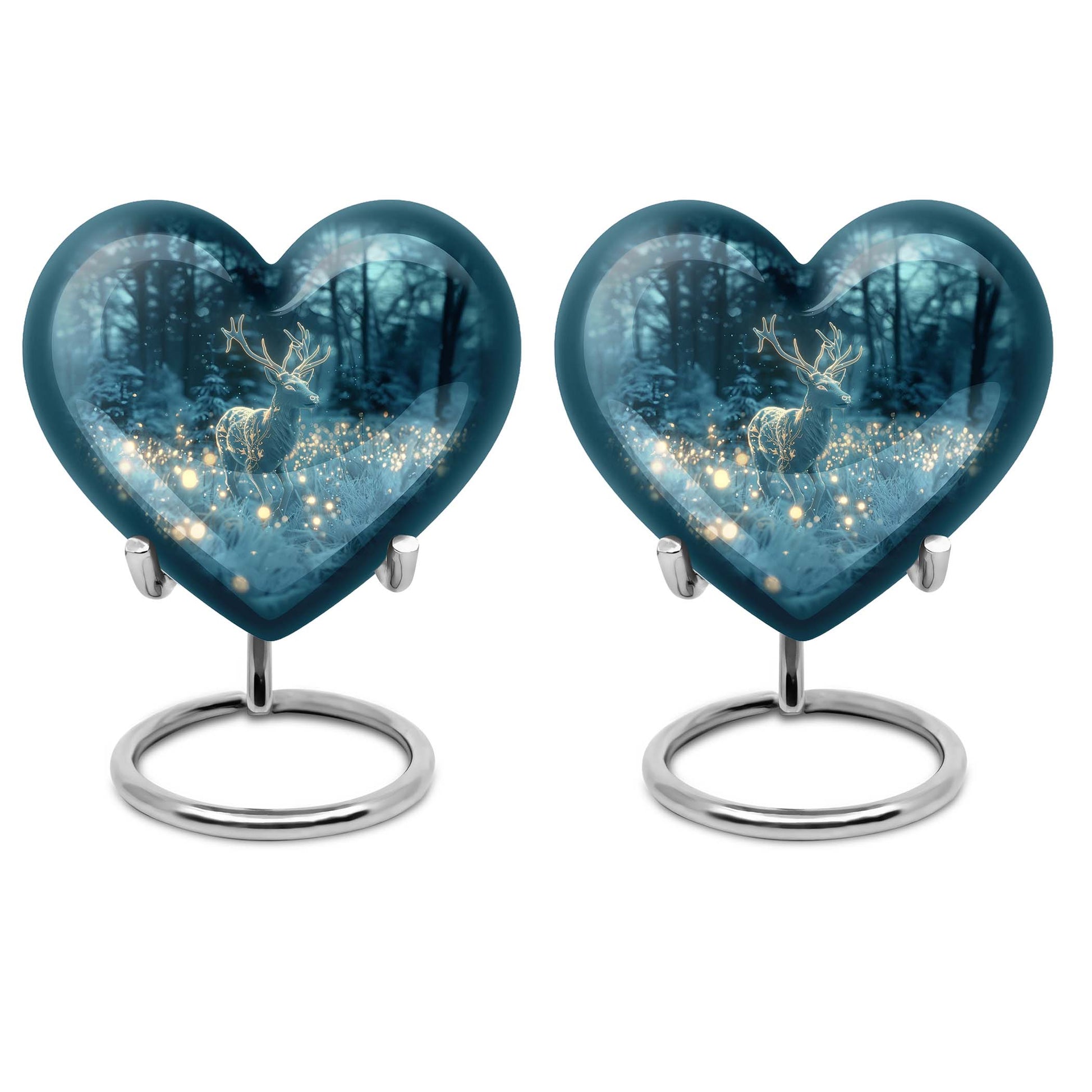 Large, heart-shaped, deer-themed cremation urn with gramophone design