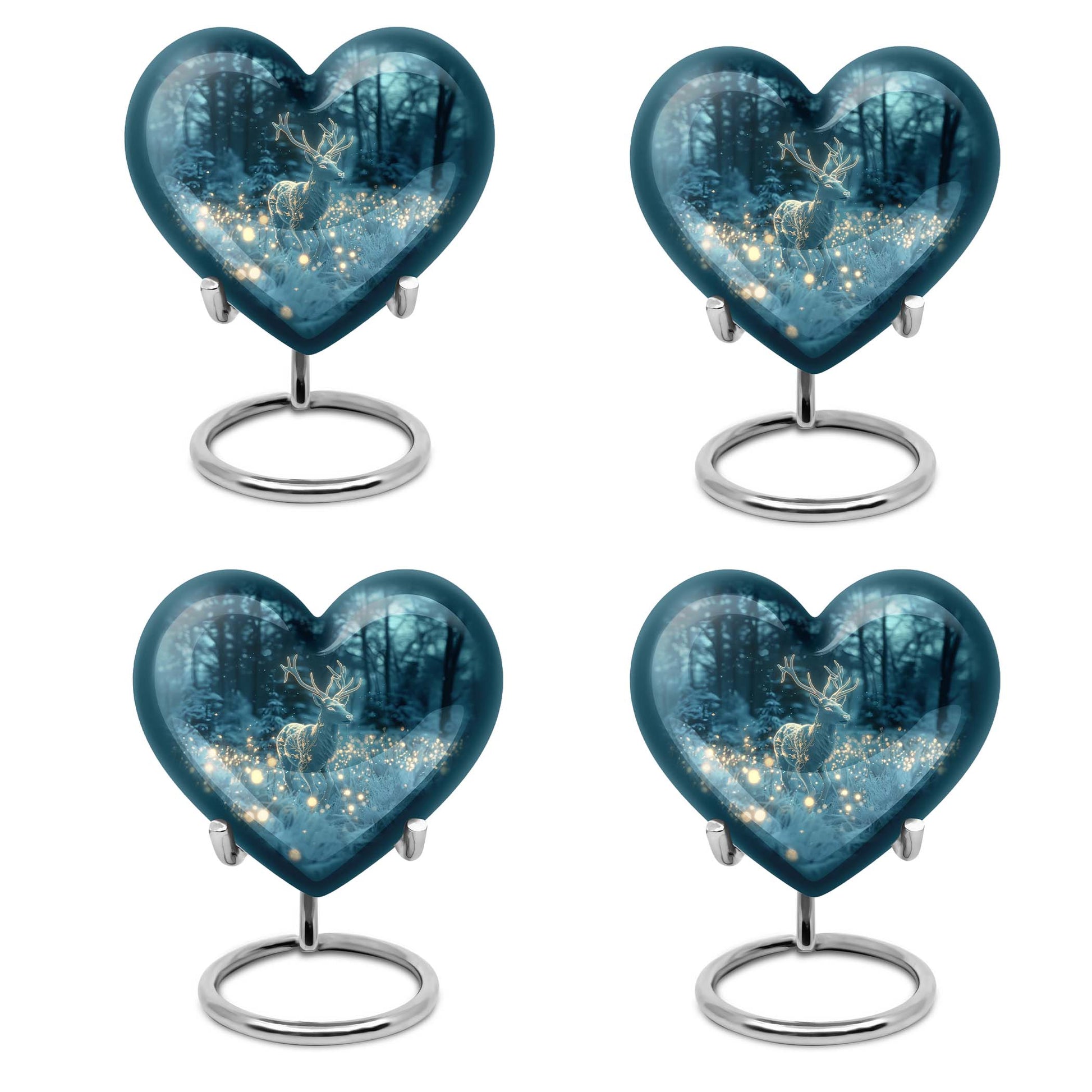 Large, heart-shaped, deer-themed cremation urn with gramophone design