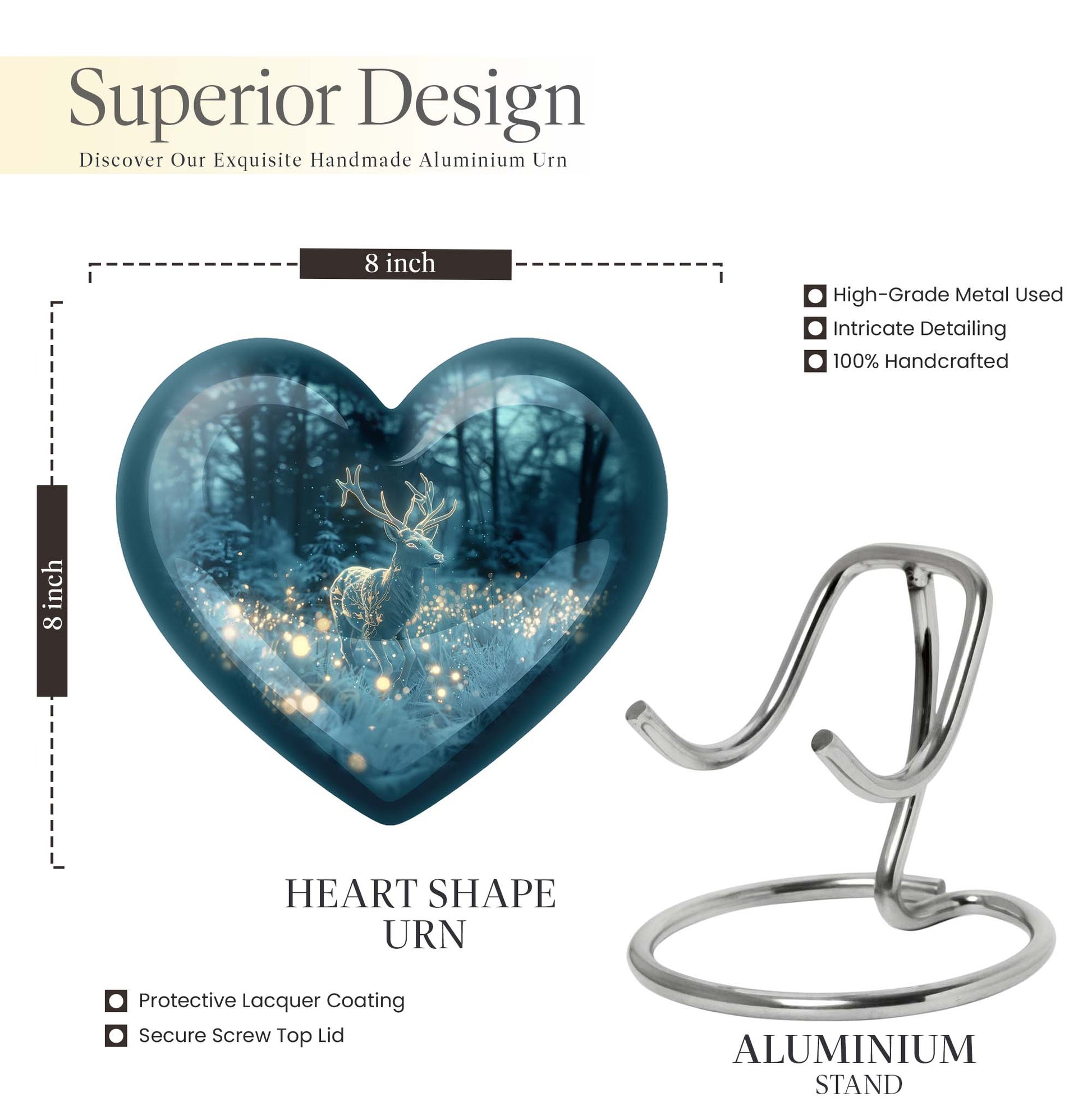 Large, heart-shaped, deer-themed cremation urn with gramophone design