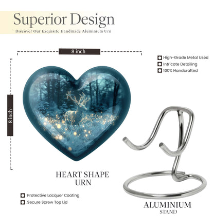 Large, heart-shaped, deer-themed cremation urn with gramophone design