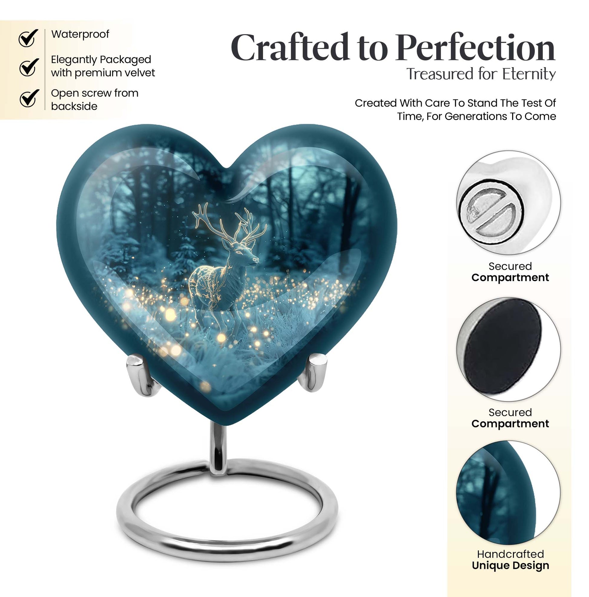 Large, heart-shaped, deer-themed cremation urn with gramophone design