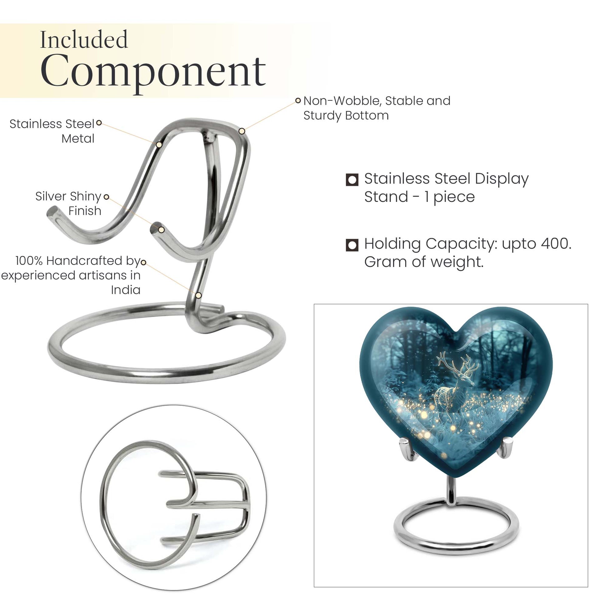 Large, heart-shaped, deer-themed cremation urn with gramophone design