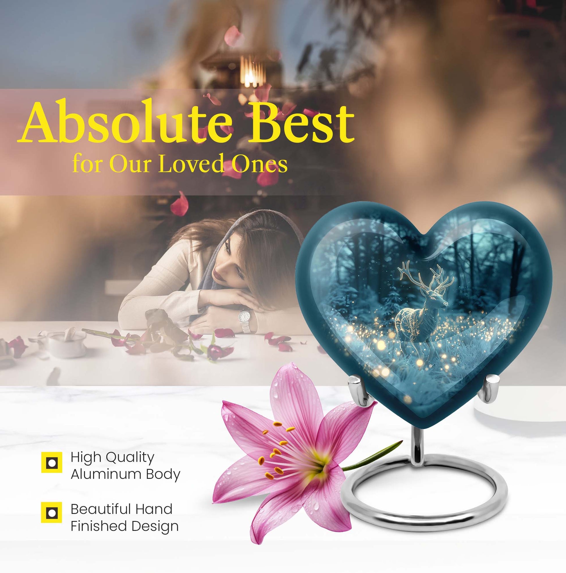 Large, heart-shaped, deer-themed cremation urn with gramophone design