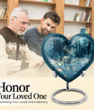 Large, heart-shaped, deer-themed cremation urn with gramophone design