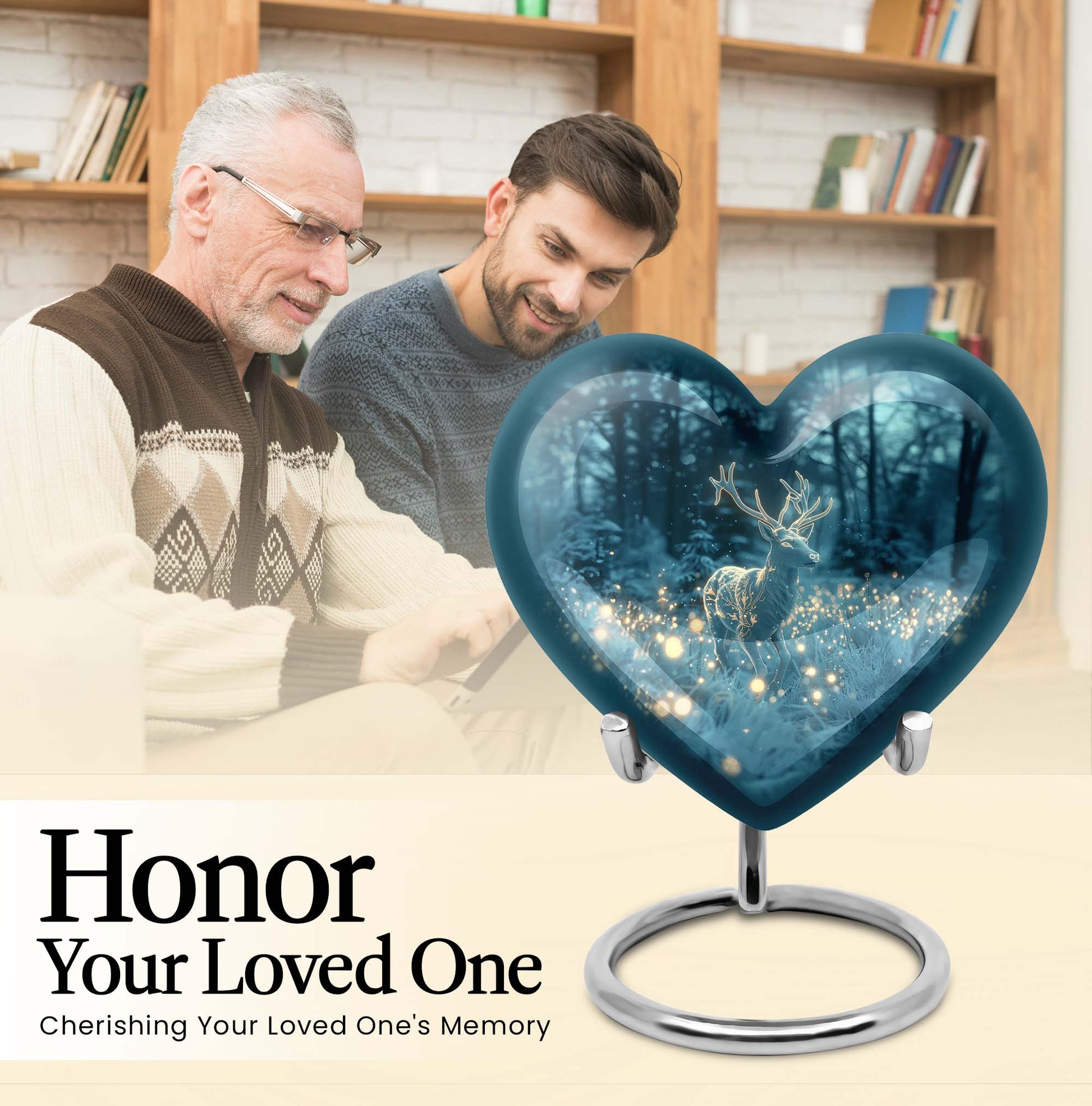 Large, heart-shaped, deer-themed cremation urn with gramophone design