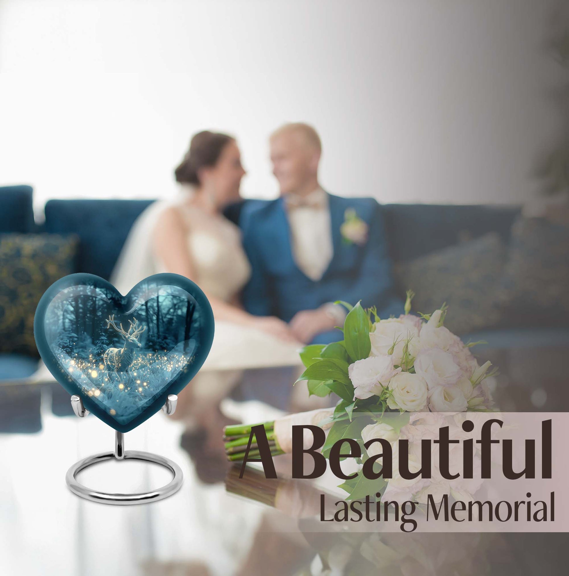 Large, heart-shaped, deer-themed cremation urn with gramophone design