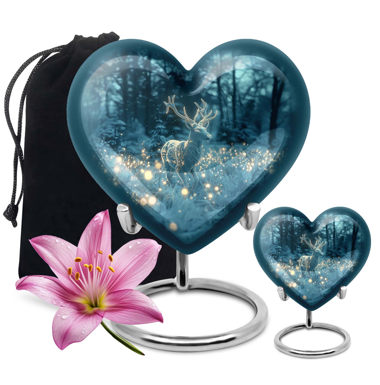 Large, heart-shaped, deer-themed cremation urn with gramophone design