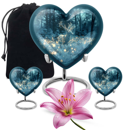 Large, heart-shaped, deer-themed cremation urn with gramophone design