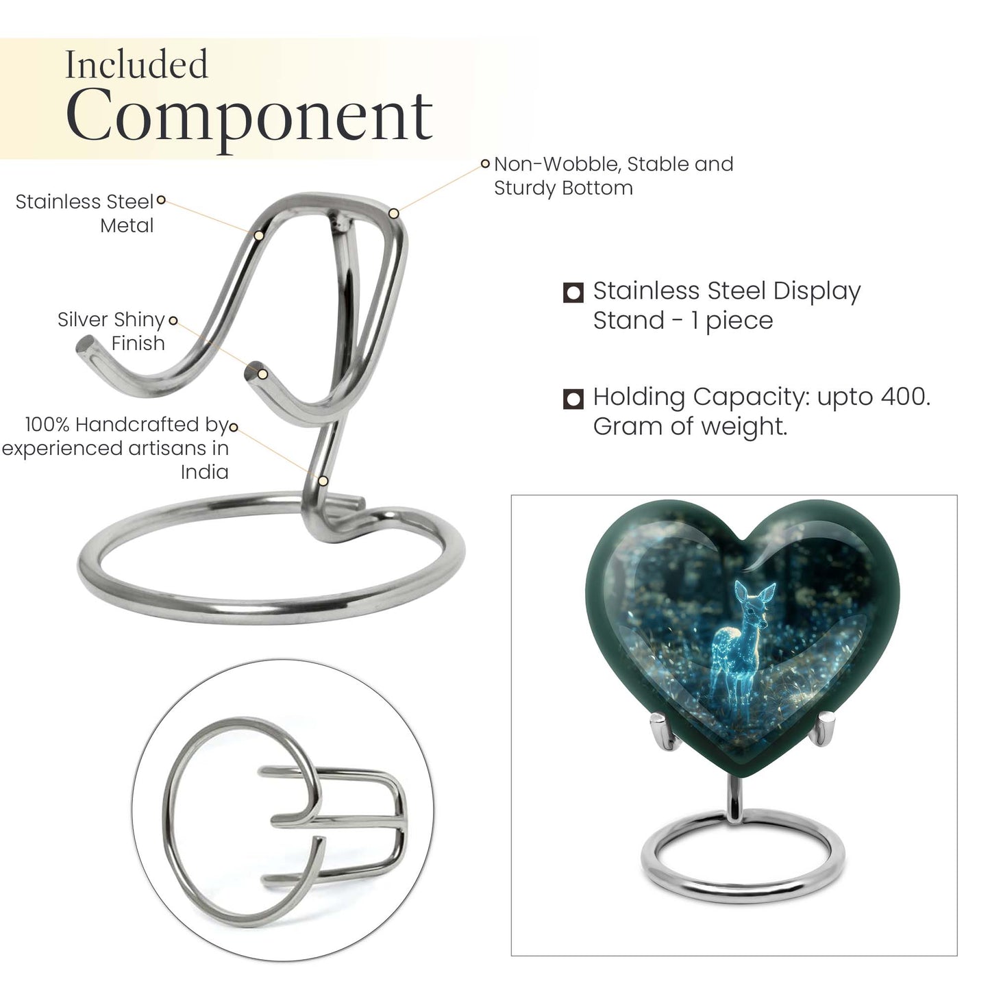 10-inch heart-shaped Gramophone-themed deer urn 