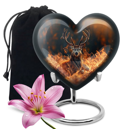 10-inch heart-shaped deer urn, aluminium gramophone design, includes velvet pouch, customizable