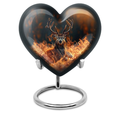 10-inch heart-shaped deer urn, aluminium gramophone design, includes velvet pouch, customizable