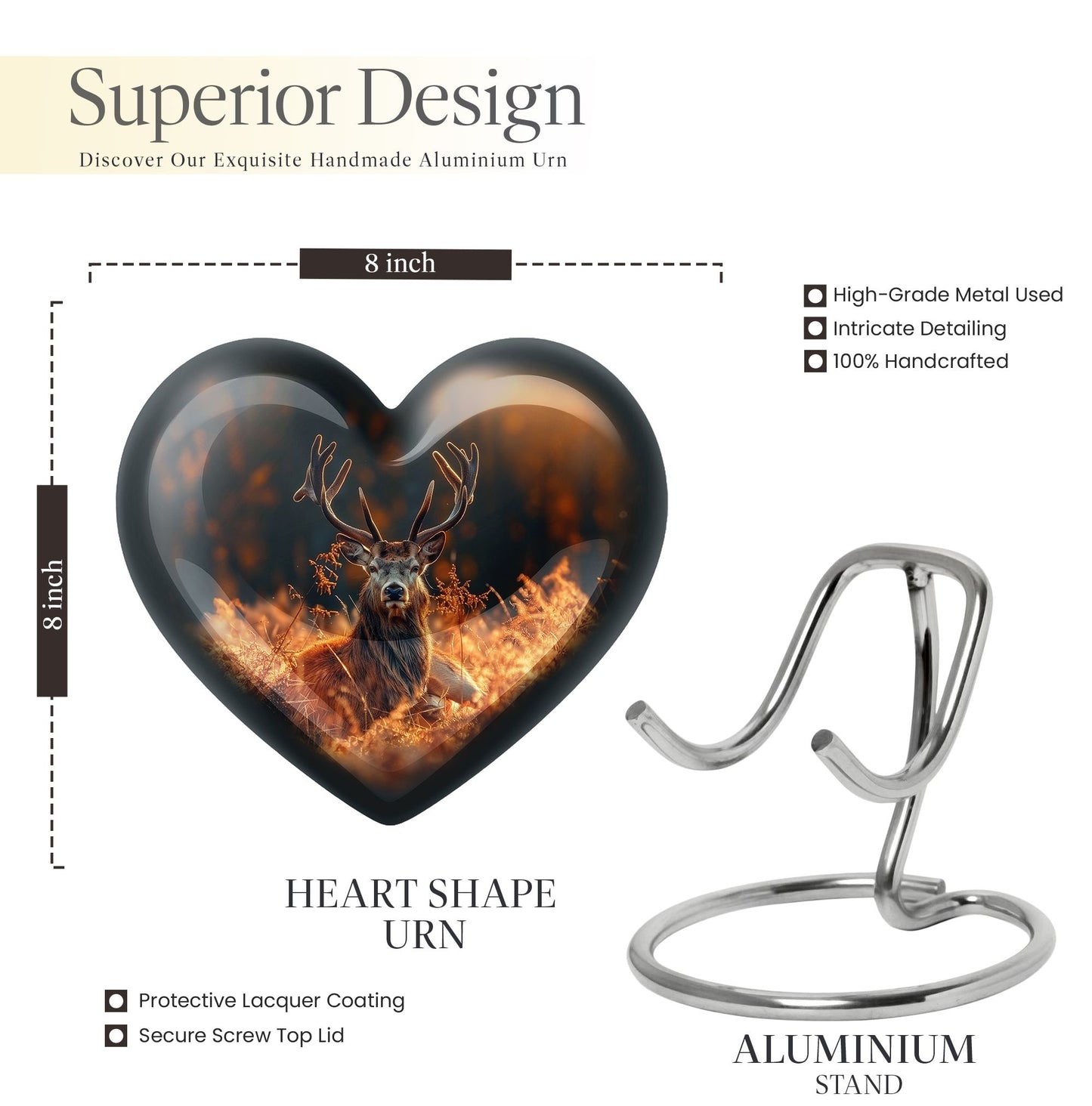 10-inch heart-shaped deer urn, aluminium gramophone design, includes velvet pouch, customizable