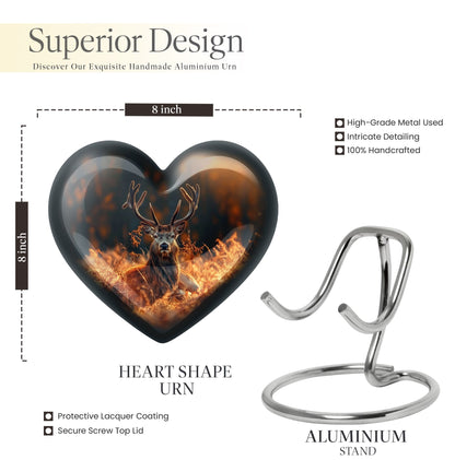 10-inch heart-shaped deer urn, aluminium gramophone design, includes velvet pouch, customizable