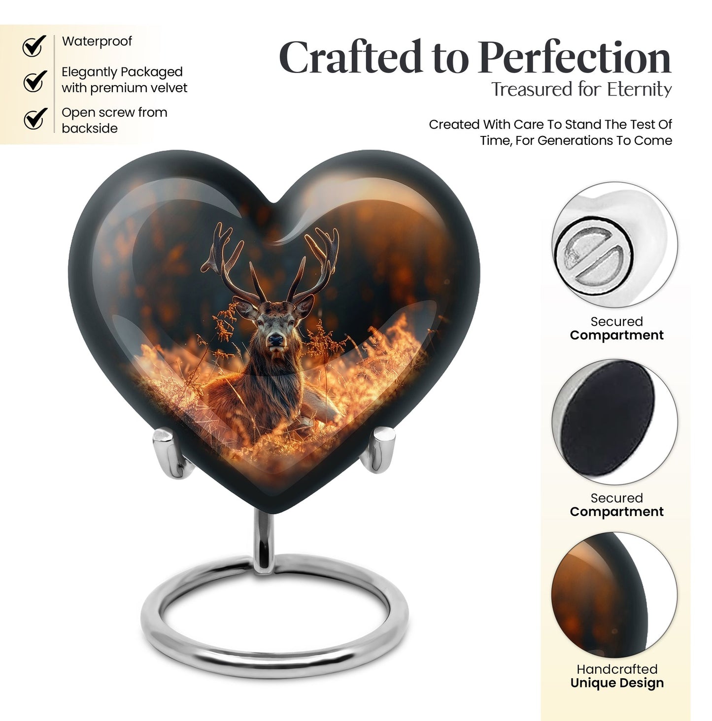 10-inch heart-shaped deer urn, aluminium gramophone design, includes velvet pouch, customizable