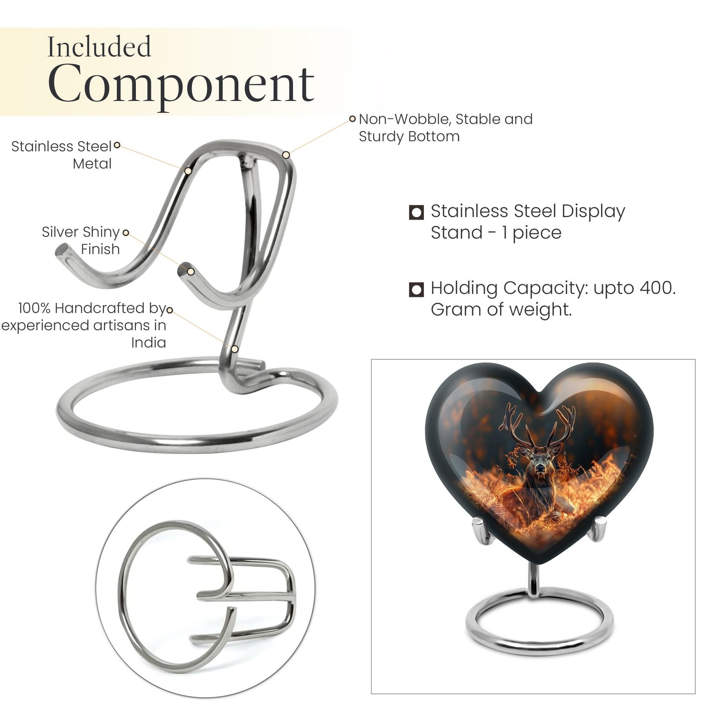 10-inch heart-shaped deer urn, aluminium gramophone design, includes velvet pouch, customizable