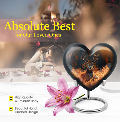 10-inch heart-shaped deer urn, aluminium gramophone design, includes velvet pouch, customizable
