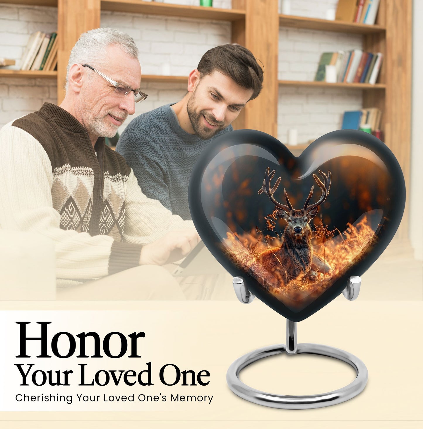 10-inch heart-shaped deer urn, aluminium gramophone design, includes velvet pouch, customizable
