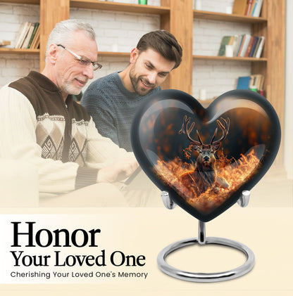10-inch heart-shaped deer urn, aluminium gramophone design, includes velvet pouch, customizable