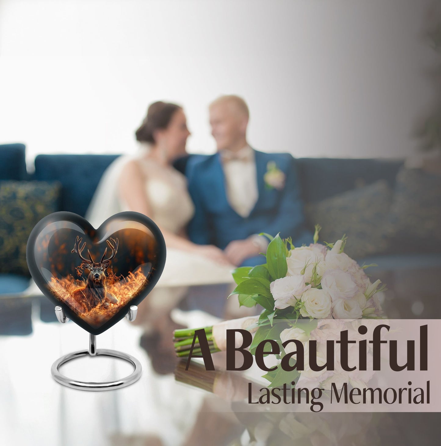 10-inch heart-shaped deer urn, aluminium gramophone design, includes velvet pouch, customizable