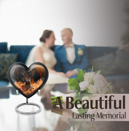 10-inch heart-shaped deer urn, aluminium gramophone design, includes velvet pouch, customizable