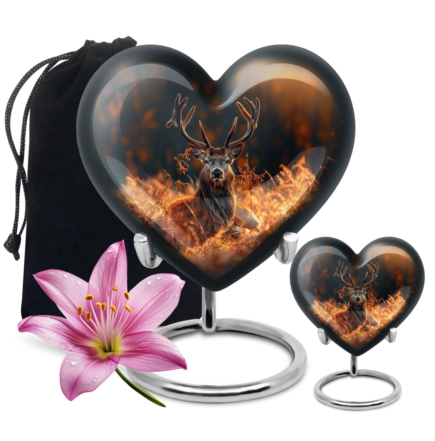 10-inch heart-shaped deer urn, aluminium gramophone design, includes velvet pouch, customizable