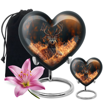 10-inch heart-shaped deer urn, aluminium gramophone design, includes velvet pouch, customizable