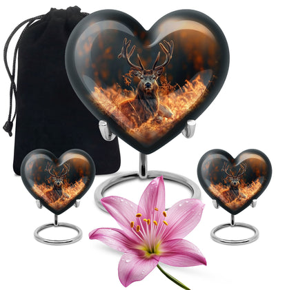 10-inch heart-shaped deer urn, aluminium gramophone design, includes velvet pouch, customizable