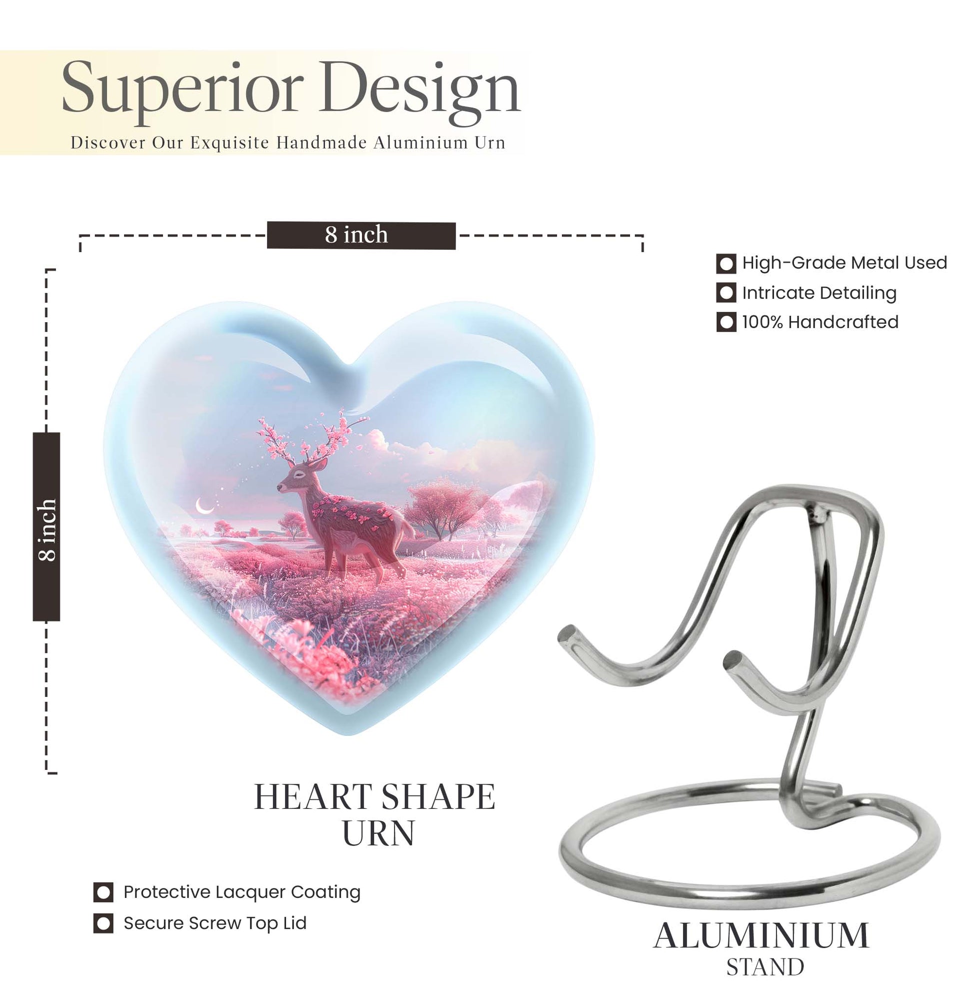 Heart shaped 10-inch Deer Urn, designed with Gramophone theme for human ash memorial