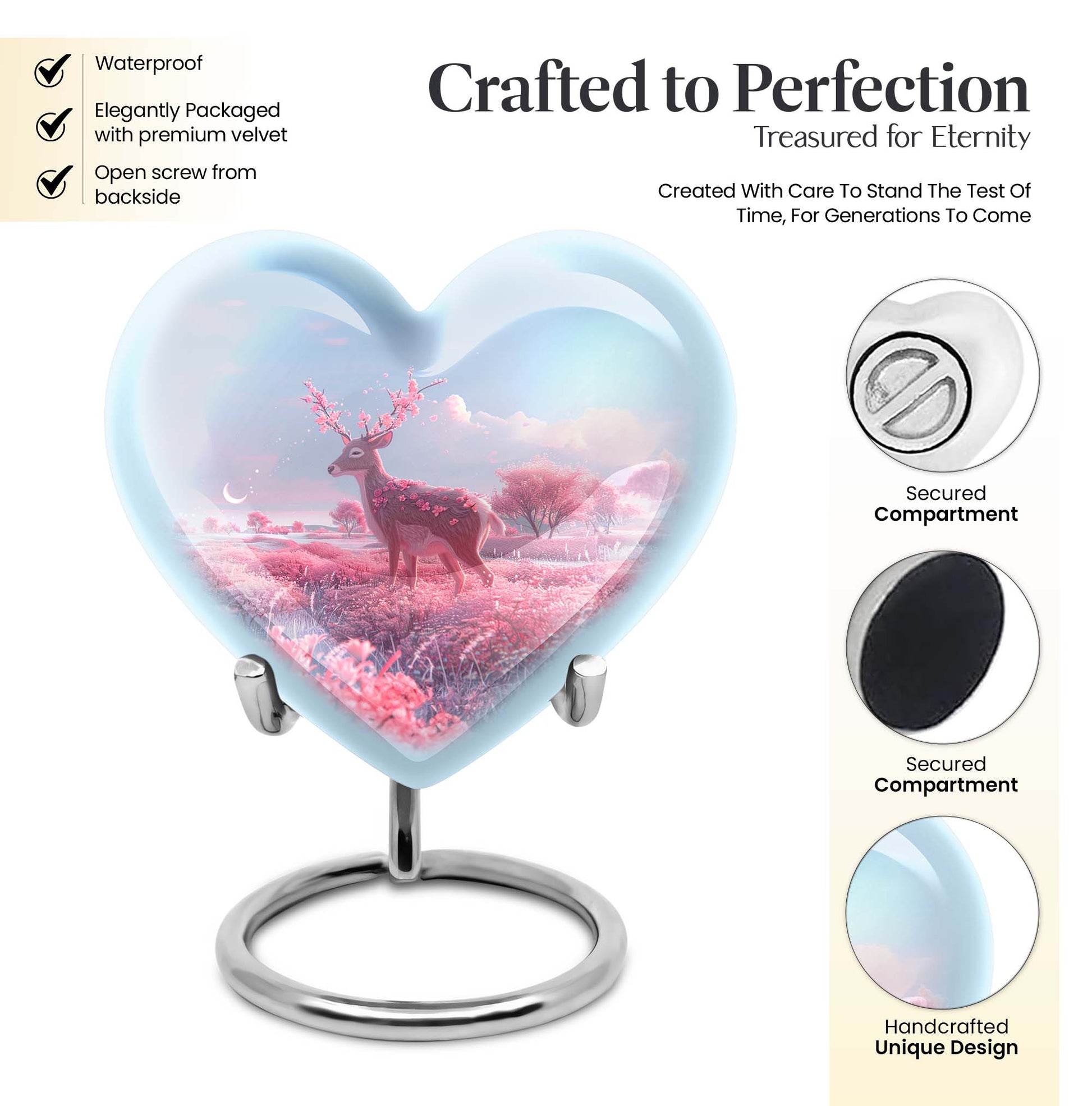 Heart shaped 10-inch Deer Urn, designed with Gramophone theme for human ash memorial