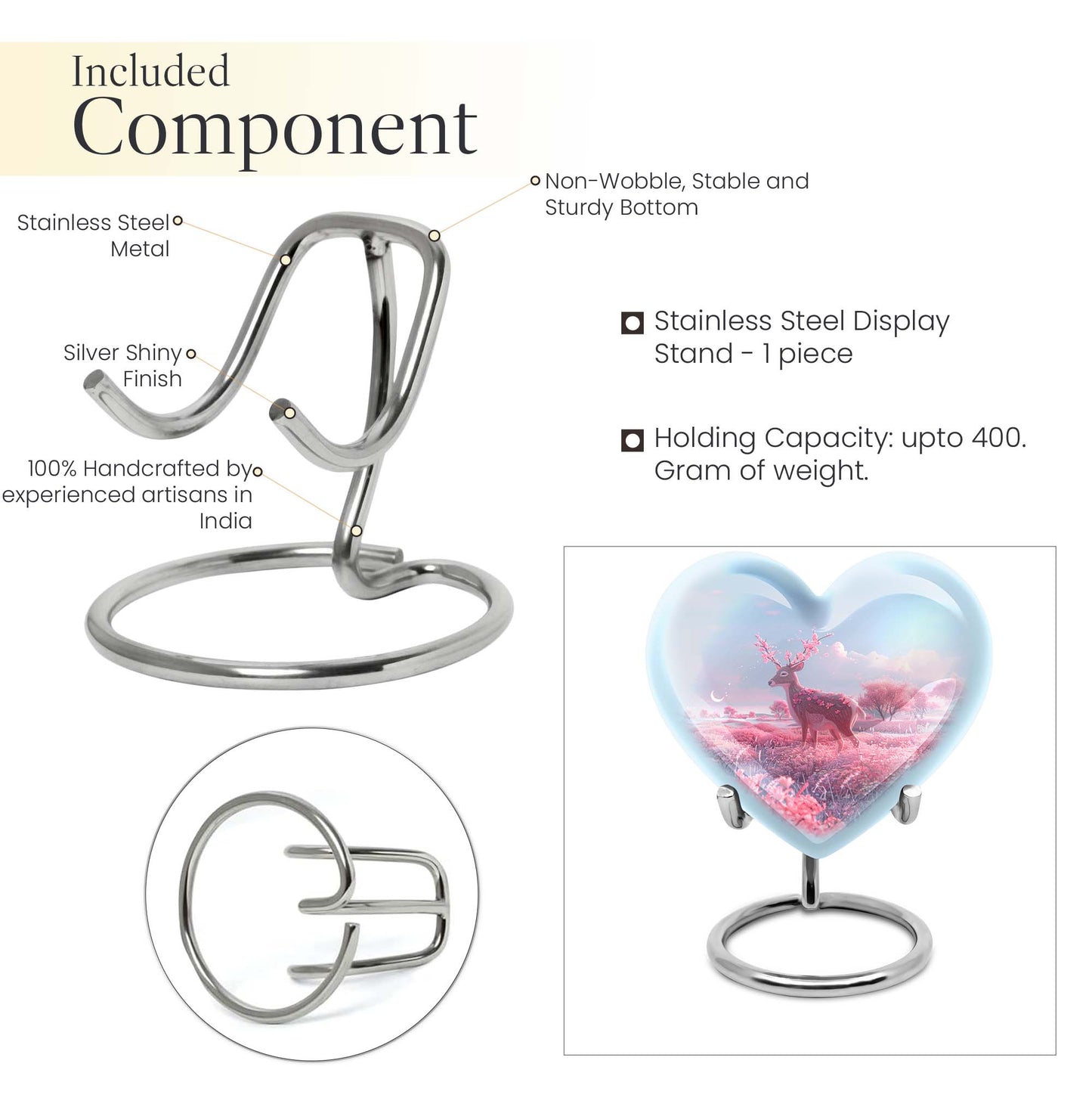 Heart shaped 10-inch Deer Urn, designed with Gramophone theme for human ash memorial