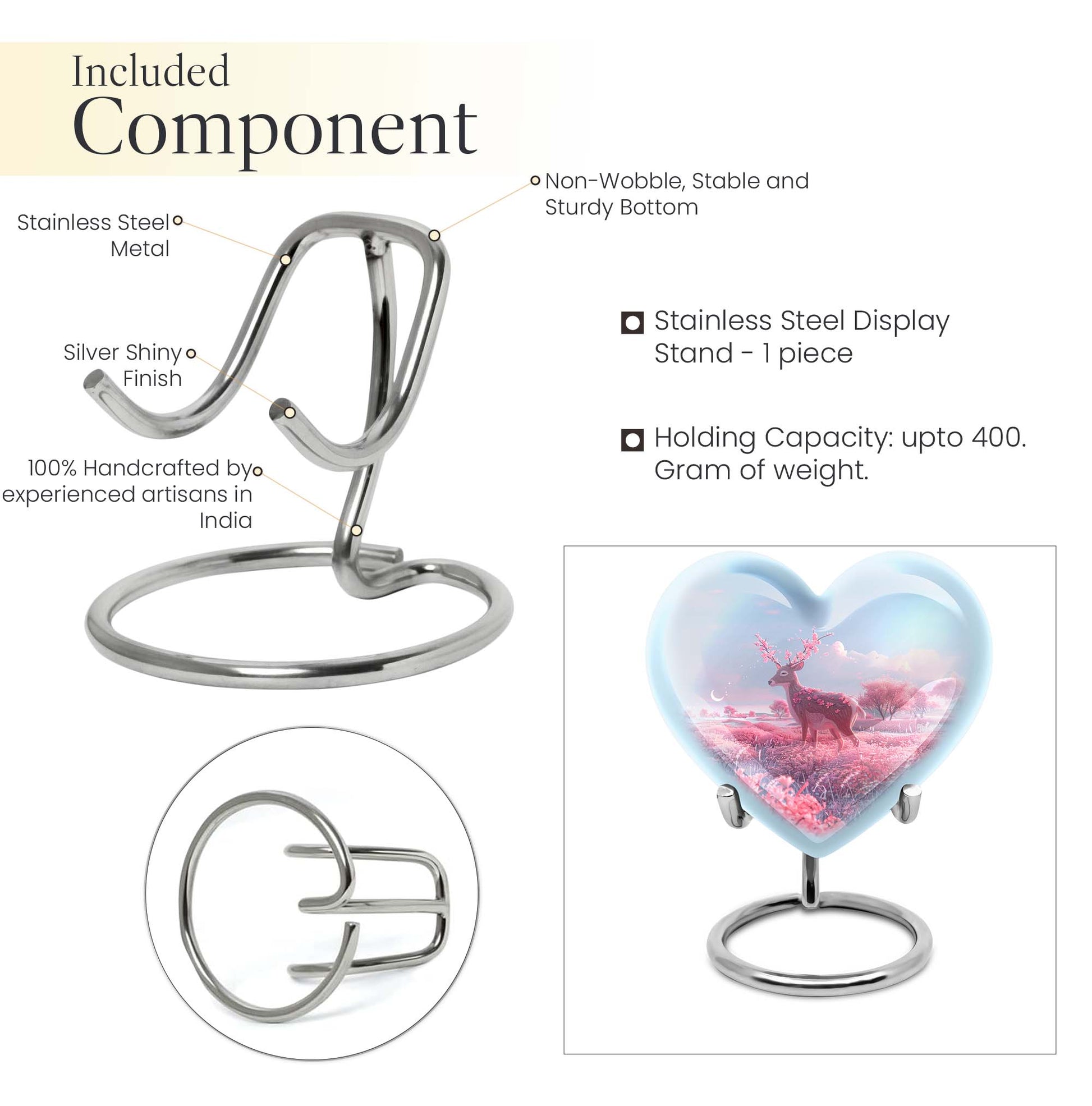 Heart shaped 10-inch Deer Urn, designed with Gramophone theme for human ash memorial