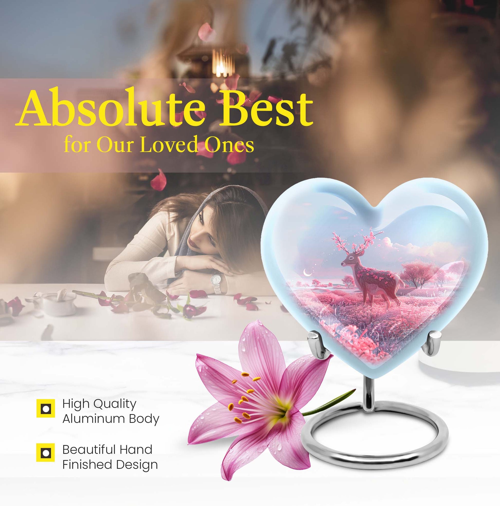 Heart shaped 10-inch Deer Urn, designed with Gramophone theme for human ash memorial