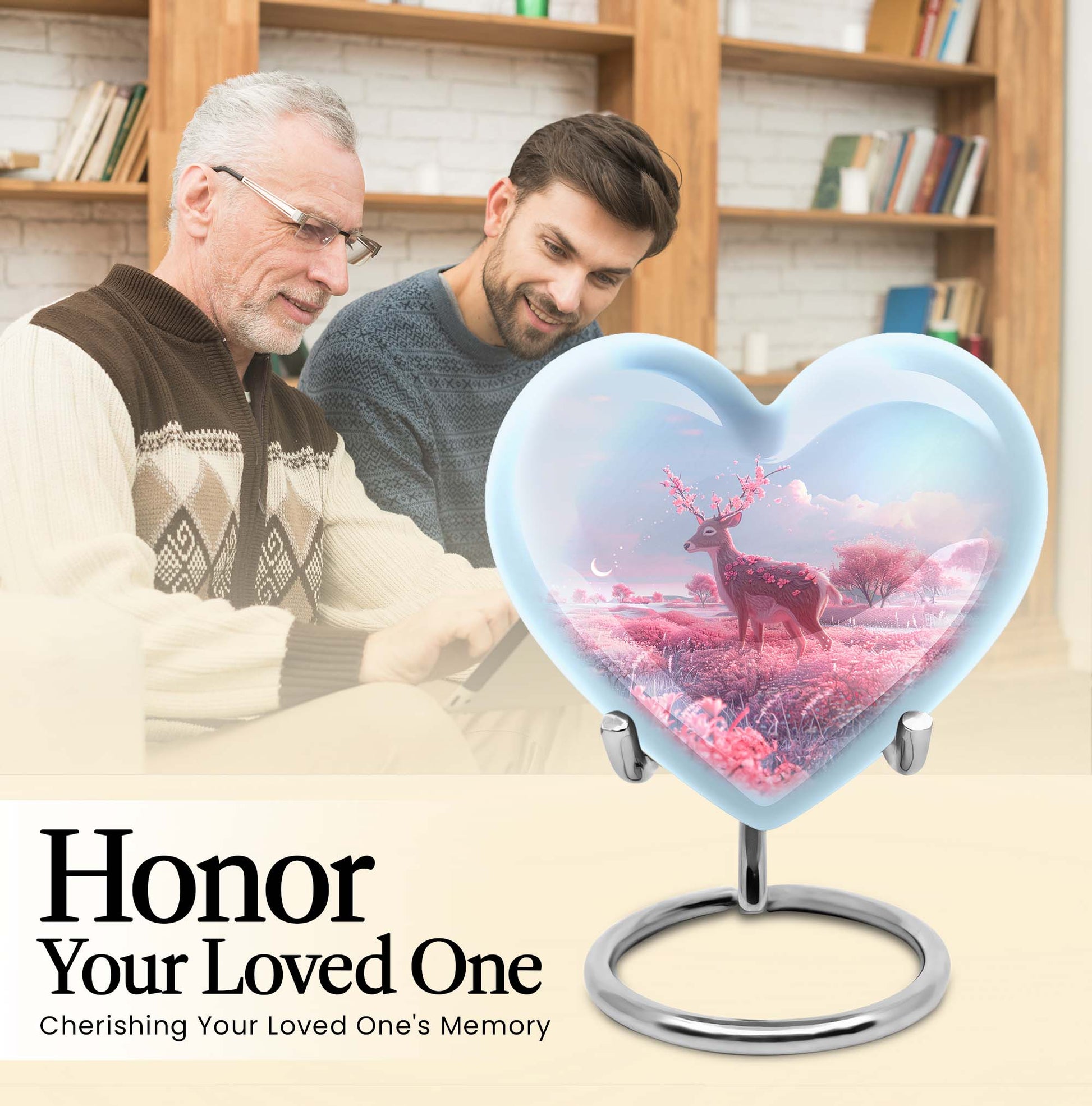 Heart shaped 10-inch Deer Urn, designed with Gramophone theme for human ash memorial