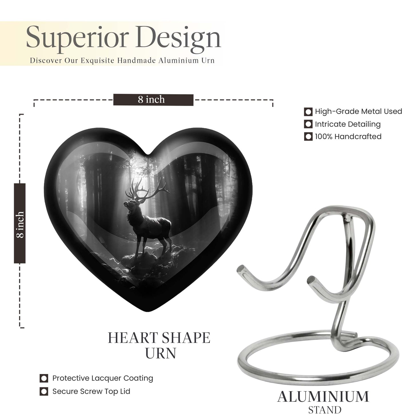 Heart-shaped deer urn for human ashes, customizable, made of aluminium