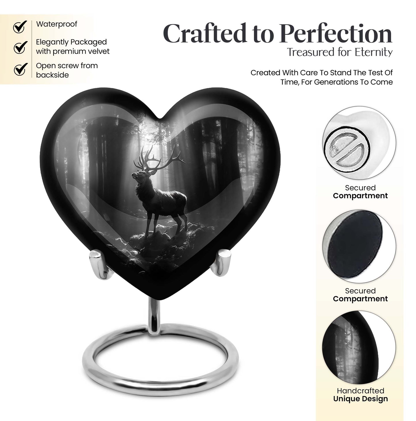 Heart-shaped deer urn for human ashes, customizable, made of aluminium