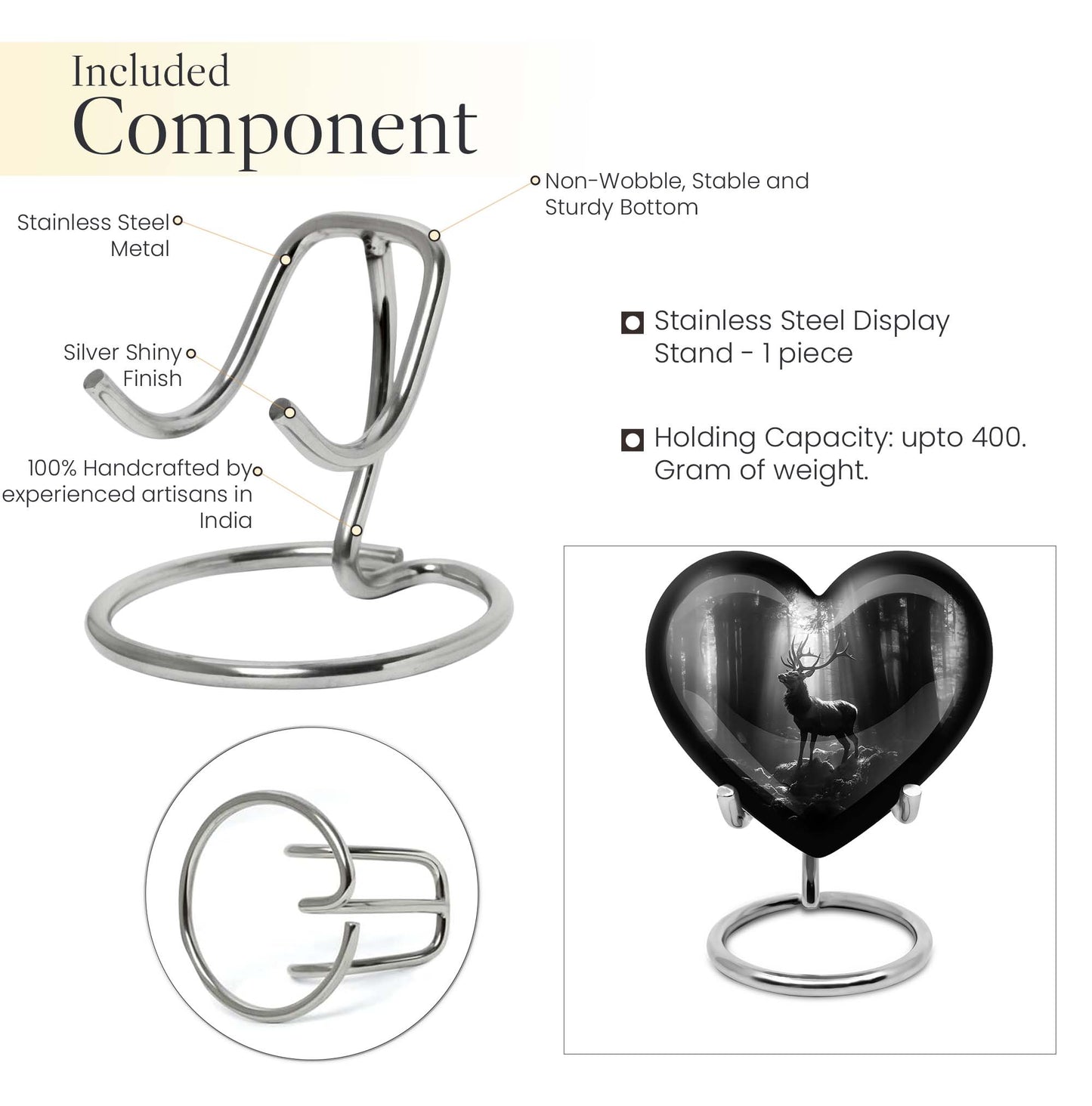 Heart-shaped deer urn for human ashes, customizable, made of aluminium
