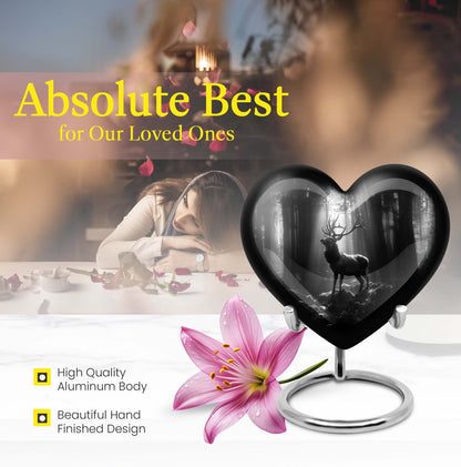 Heart-shaped deer urn for human ashes, customizable, made of aluminium