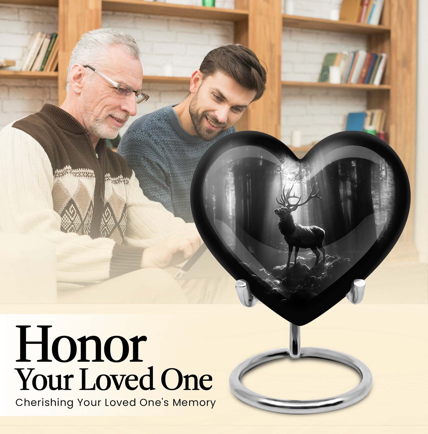 Heart-shaped deer urn for human ashes, customizable, made of aluminium