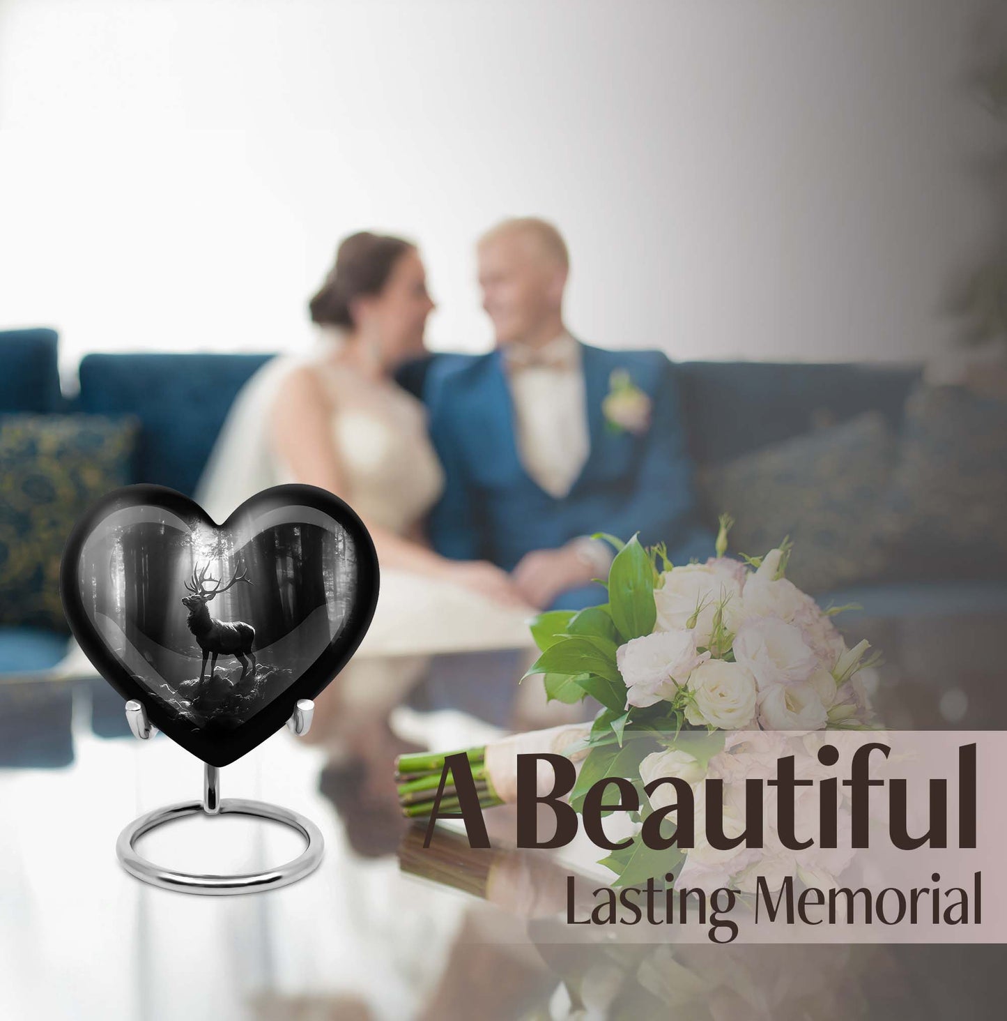Heart-shaped deer urn for human ashes, customizable, made of aluminium