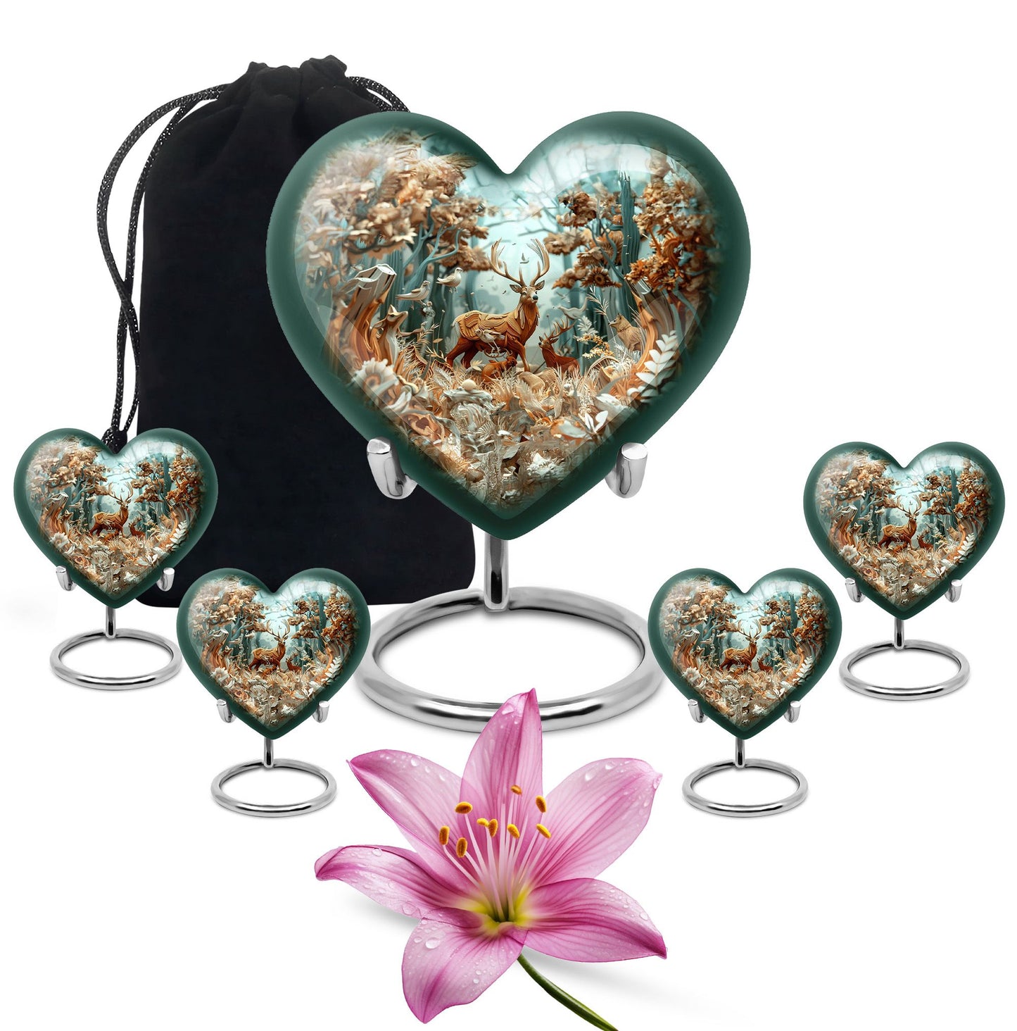Deer Family Theme Large Urn With 4 Keepsake Urn