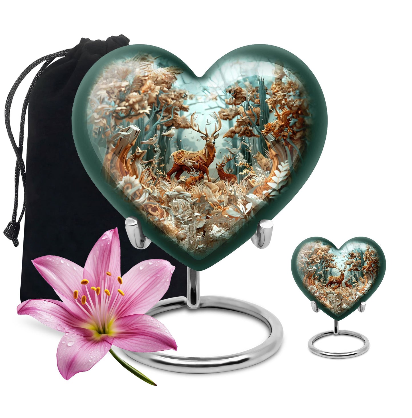 Deer Family Theme Large Urn With 1 Keepsake Urn