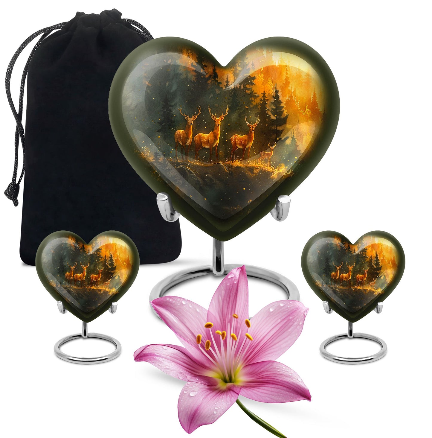 Deer Family Theme Large Urn With 2 Keepsake Urn