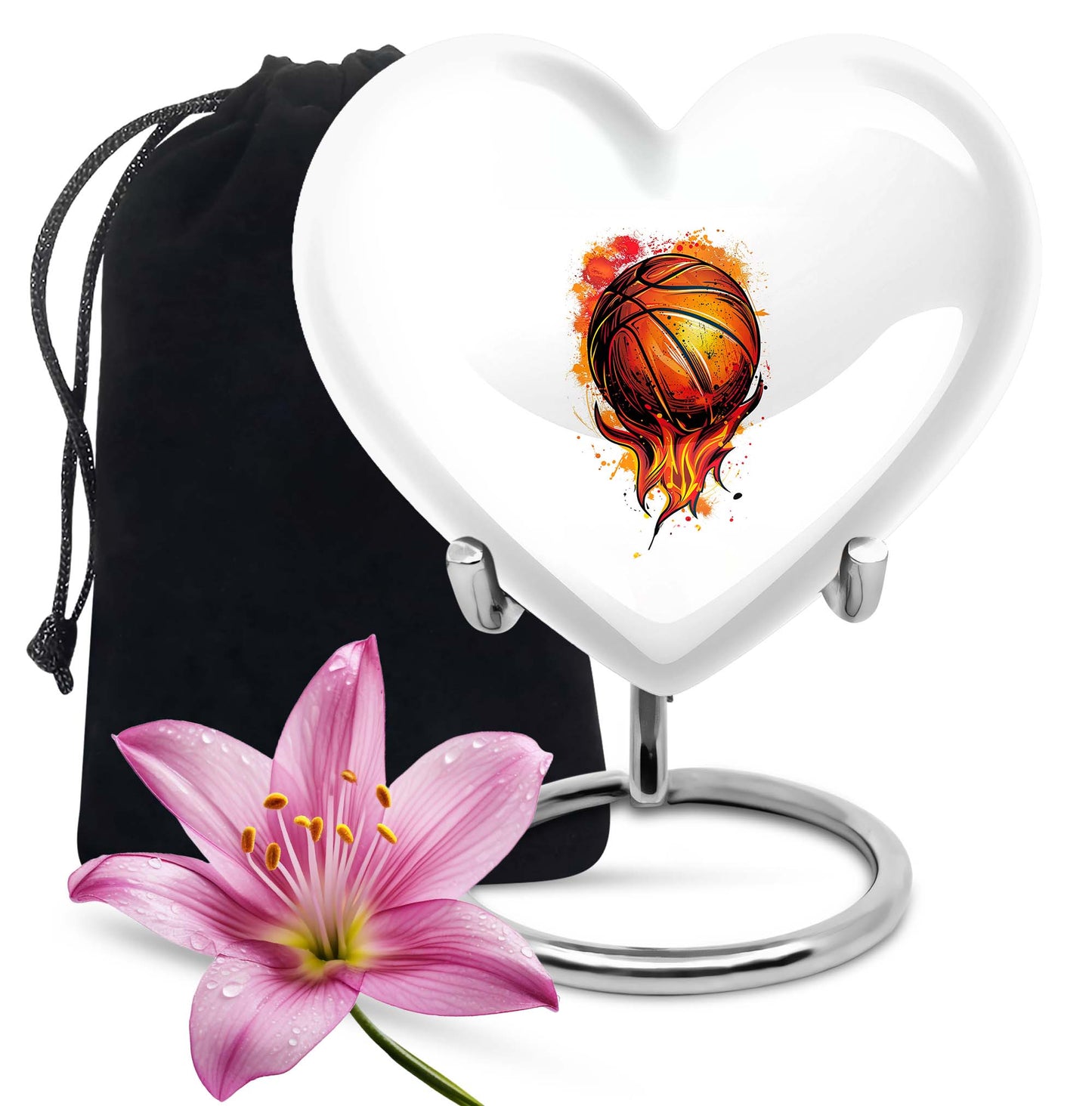 10-Inch heart-shaped basketball urn with gramophone theme engraving, aluminium memorial forever urn for ashes