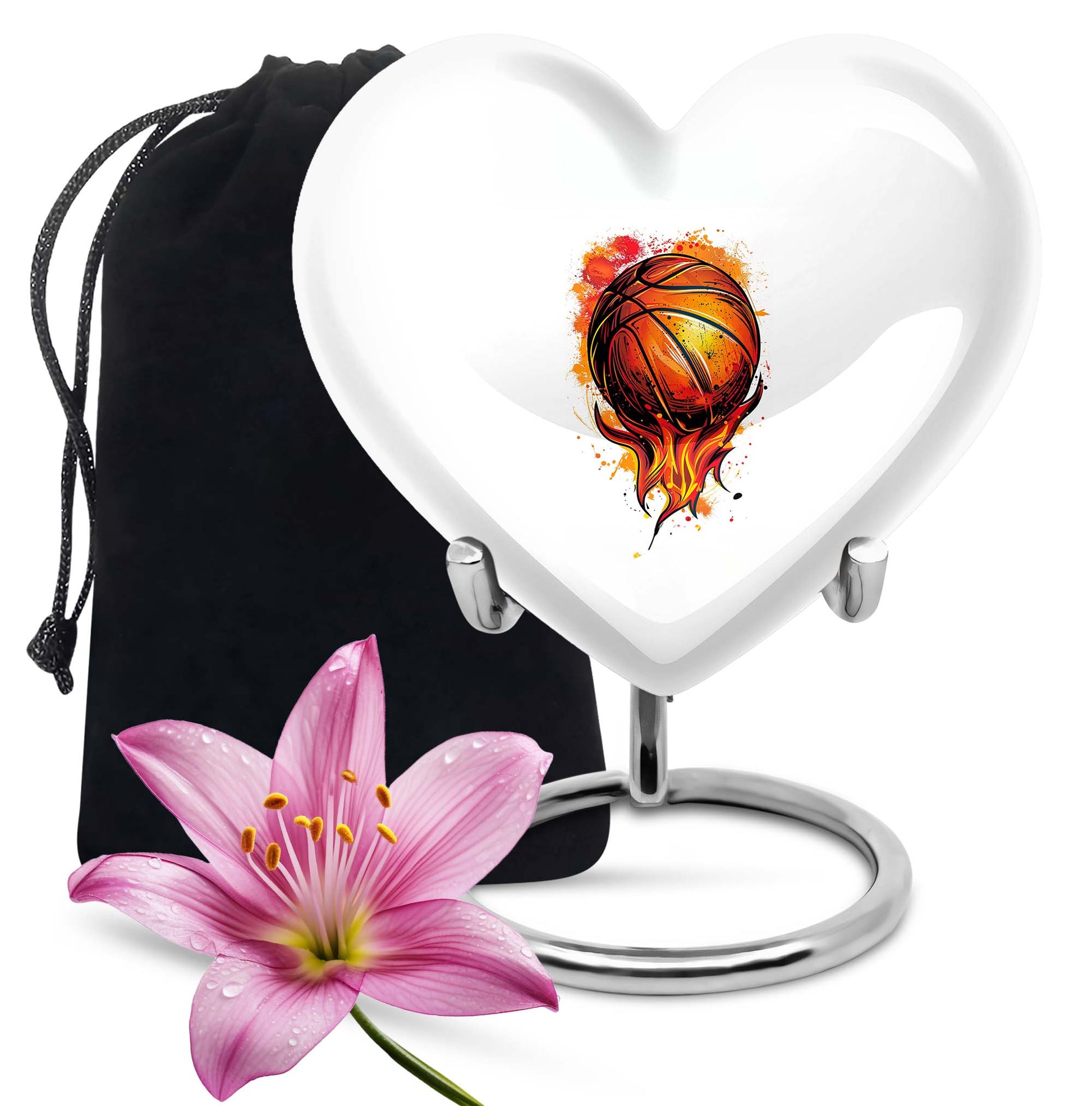 10-Inch heart-shaped basketball urn with gramophone theme engraving, aluminium memorial forever urn for ashes