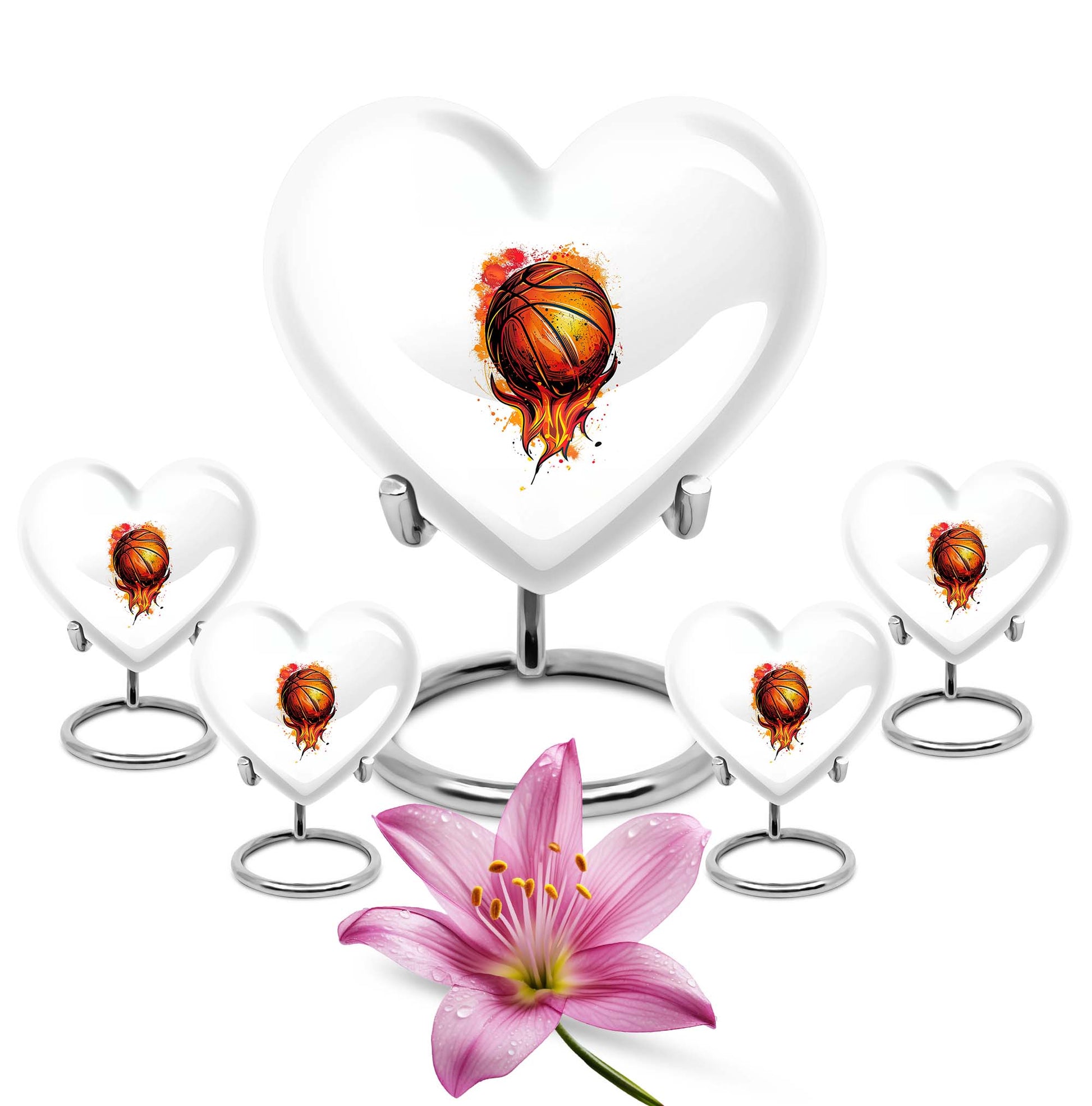 10-Inch heart-shaped basketball urn with gramophone theme engraving, aluminium memorial forever urn for ashes