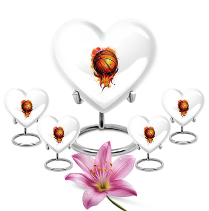 10-Inch heart-shaped basketball urn with gramophone theme engraving, aluminium memorial forever urn for ashes