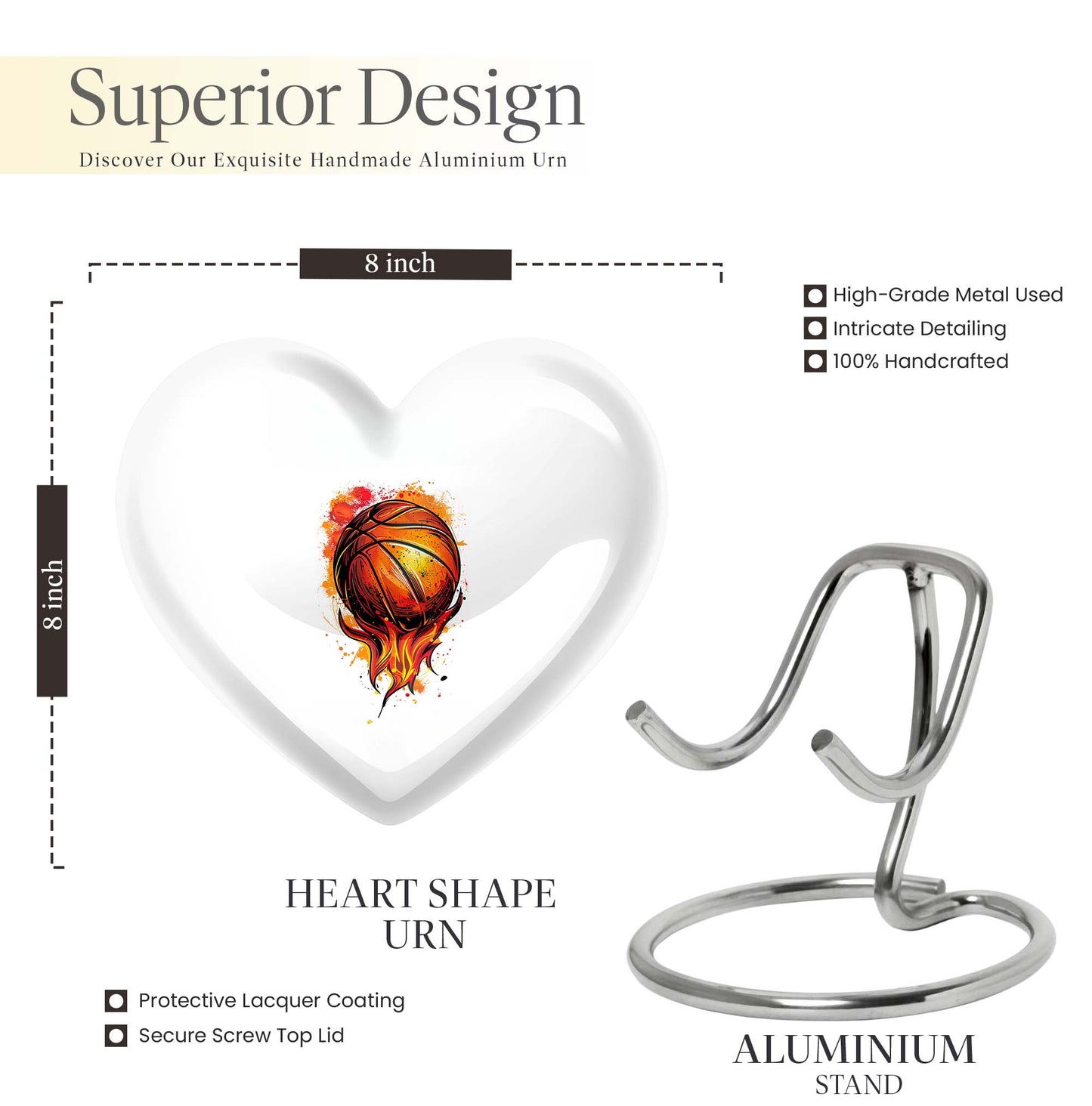 10-Inch heart-shaped basketball urn with gramophone theme engraving, aluminium memorial forever urn for ashes